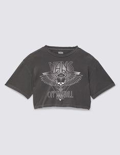 Vans Never Gone Relax Crop Tee. The Never Gone Relax Crop T-Shirt Is A Short Sleeve Cropped Crewneck Tee Made From A Heavier Weight Cotton Featuring A More Relaxed Fit And Screenprinted Vans Logo And Heavy Metal Album Inspired Graphic On The Front. Short Sleeve. Allover Mineral Wash. 100% Cotton. Machine Wash. Imported. Flannel Sweatshirt, Vans Logo, Cropped Crewneck, Crop T Shirt, Open Knit Sweater, Mens Trends, Boy Tees, Sweaters And Jeans, Corduroy Jacket