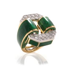 Add a vibrant statement ring to your collection. This colorful variation on the David Webb Tire Ring features platinum-set diamonds, green enamel, and 18K gold. Luxury Yellow Gold Rings With Black Enamel, White Gold Enamel Rings With Polished Finish, Luxury Enamel Ring With Polished Finish, Luxury Green Rings With Single Cut Diamonds, Luxury Polished Emerald Ring, Luxury White Gold Diamond Enamel Ring, Luxury White Gold Enamel Diamond Ring, Luxury Green Diamond Ring For Formal Occasions, Luxury Green Diamond Ring With Brilliant Cut