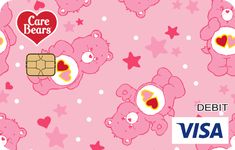 a pink teddy bear pattern with hearts and stars on it's chest, as well as a credit card