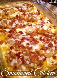 a casserole dish with chicken, cheese and bacon on it sitting on a counter