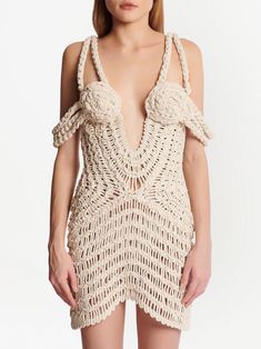 Balmain Off Shoulder Macrame Knit Dress - Farfetch Beige Open Knit Dress For Spring, Spring Beige Open Knit Crochet Dress, Spring Beige Open Knit Dress, Beige Crochet Dress For Spring, Cream Mini-length Crochet Dress, Cream Open Knit Dress For Summer, Short Flare Dress, Balmain Sweater, Balmain Dress