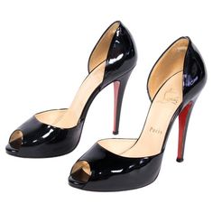 It's often that we see celebrities flaunting Christian Louboutin's signature red sole shoes. These Madame Claude D'orsay pumps have been crafted from black patent leather and feature peep toes and covered counters. Wear them with an evening gown or business suits alike. Includes: Original Dustbag Madame Claude, Italian Heels, Red Sole Shoes, Platform Pumps Heels, Dr Shoes, Louboutin Heels, Christian Louboutin Heels, Fancy Shoes, Purple Suede