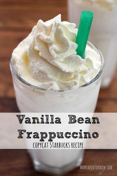 vanilla bean frappecino in a glass with whipped cream on top