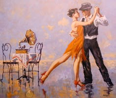 a painting of a couple dancing in the rain