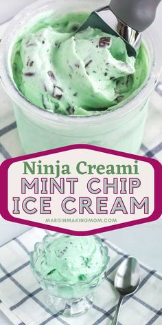 mint ice cream in a glass bowl with a spoon on the side and text overlay