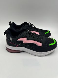 Women's Size 7, Black 90s Style Chunky Sneaker with Pink and Green Accents. Make a bold statement with these black 90s-style chunky casual sneakers featuring pink and green accents and an air heel. Perfect for adding a pop of color to any outfit, these retro-inspired shoes offer both fashion-forward flair and all-day comfort. Pink And Green Accents, Black 90s, Basket Noir, 90s Style, Womens Tie, Chunky Sneakers, Green Accents, Tie Shoes, Shoes Trainers