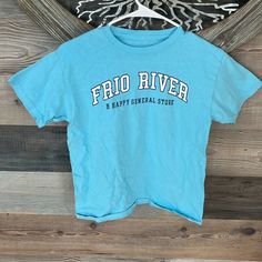 Size-Youth S Blue Frio River Shirt Never Worn No Tags No Damage Blue Letter Print Top For School, Blue Letter Print Tops For School, Casual Blue Shirt For School, Blue Graphic Print Shirt For School, Blue Letter Print Shirt For School, Pre-shrunk Blue Shirt For School, Frio River, River Shirts, Kids Shirts