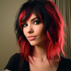 Red Hair That Looks Black, Fun Hair Color Ideas For Short Hair, Red And Black Hair Styles, Short Black Hair With Red Highlights, Red Hair With Black Underneath, Black And Red Ombre Hair, Black Hair With Red Streaks, Bright Red Hair With Black Highlights, Edgy Red Hair