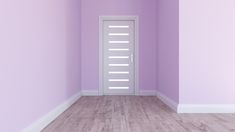 an empty room with a white door and purple walls