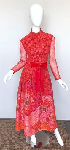 Mollie Parnis 1970s Red + Pink + Gold Silk Chiffon Flower Print 70s Gown For Sale at 1stdibs Red Vintage Floor-length Dress, Retro Red Wedding Dress, Red A-line Dress For Vintage Fashion, Red Vintage Evening Dress, Pink And Gold Gown, Fashion 1950, Gold Gown, Chiffon Flower, Maxi Gown Dress