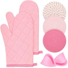 a set of oven mitts, gloves and rugs