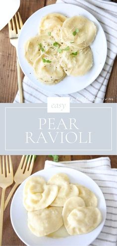 two plates filled with ravioli on top of a wooden table