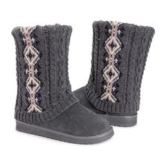 Essentials by MUK LUKS? Women's Cheryl Boots can?t be beat. Cozy sweater knit design and soft faux fur lining blends everyday comfort with on-trend style. Wipe with a damp cloth to clean, no bleach, lay flat to dry. Imported. - Durable TPR Sole - 100% Polyester Insole - 100% Acrylic Knit -Foam Insole -100% Polyester Faux Suede Upper - 100% Polyester Faux Fur Lining - Water Resistant - Multiple color options available - Women?s Whole Sizes 6-11 -Half Sizes Size Up Socks Boots, Cabin Socks, Men's Slippers, Slipper Socks, Grey Pattern, Cold Weather Accessories, Cozy Sweater, Mens Slippers, Sweater Knit