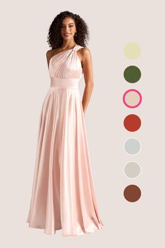 a woman in a long pink dress standing next to color swatches and the colors she is wearing