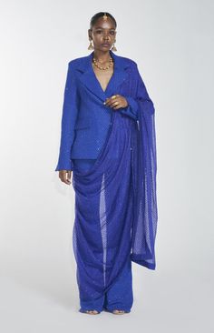 Editor's Note This set features Blue Crepe Blazer And Pant With Organza Dupatta. All Embelished With Crystal. Fabric: Crepe, Organza Color: Blue Care: Dry Clean Only   About the Designer Itrh m... Luxury Blue Handloom Dupatta, Pant Saree Style Indian Fashion, Winter Suits For Women Indian, Western Winter Outfits, Dupatta Styling, Suits For Women Indian, Crystal Fabric, Desi Dress, Reception Outfit