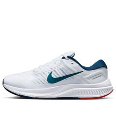 The Nike Air Zoom Structure 24 'White Bright Spruce' is the perfect combination of style and performance. It features a dynamic cushioning and secure fit, allowing you to take on any challenge with ease. The heel cushioning shifts the weight from the heel to the toes, while the breathable upper provides support where you need it. Inspired by the world of running, this sneaker is perfect for any activity. With its sleek silhouette and WHITEBLUE colorway, the Nike Air Zoom Structure 24 is the perfect addition to your wardrobe. (SNKR/Low Top/Non-Slip/Wear-resistant/Shock-absorbing) Running Shoes With Air Max Cushioning For Sports Season, White Moisture-wicking Sneakers For Training, Summit White Sneakers With Air Cushioning For Sports, Nike White Moisture-wicking Sneakers, Nike Sporty Moisture-wicking Running Shoes, Nike Running Shoes With Moisture-wicking, White Training Sneakers With Gel Cushioning, Sporty Summit White Running Shoes, Cushioned Running Shoes For Sports Season