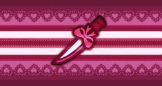 a pink and white striped background with a red bow on the end of a knife