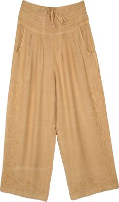 These beige free-flowing straight-leg pants are perfect for summer.  An effortless style with floral vine embroidery running through the length and bottoms. #tlb #SplitSkirtsPants #Stonewash #Embroidered #Misses #Pocket #XLPlus #Summerpants #pinkoutfit Spring Embroidered Ankle-length Bottoms, Spring Wide-leg Pants With Floral Embroidery, Beige Floral Embroidered Pants For Spring, Embroidered Wide Leg Beige Pants, Embroidered Wide Leg Harem Pants For Spring, Embroidered Beige Wide Leg Pants, Embroidered Wide-leg Beige Pants, Casual Embroidered Harem Pants For Spring, Summer Embroidered Beige Pants