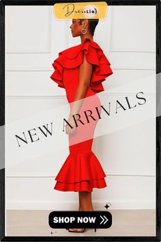 One Shoulder Ruffle Pack Hip Fishtail Evening Dress Chic Ruffled Mermaid Dress For Spring, Summer Fishtail Dresses With Ruffles, Red Ruffled Peplum Dress, Red Peplum Dress With Ruffles, Elegant Spring Mermaid Dress With Ruffles, Spring Party Mermaid Dress With Ruffles, Chic Fishtail Dress With Ruffles, Calf Sleeve, Bodycon Fashion