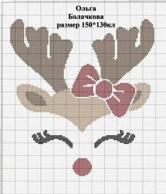 a cross stitch pattern with reindeer's horns and bows on the head, in red