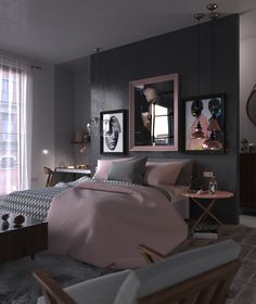 a bedroom with grey walls and pink comforter on the bed in front of two framed pictures