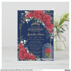 an elegant quinceauee wedding card with red roses and greenery on it