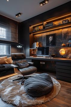 Men Room Decor Ideas, Male Home Office, Office With Couch, Dark Grey Office, Masculine Study, Content Room, Men Room Decor, Studio In Casa, Hillside Landscape