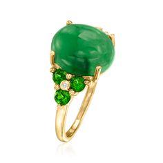 Ross-Simons - Jade, .70ct t. w. Chrome Diopside Ring, White Zircon Accents Over Silver. Size 5. Add a bright pop of color to your outfit with the verdant hues of this pretty ring. A glossy 12x10mm oval jade cabochon is complemented by the glow of .70 ct. t. w. chrome diopsides and white zircon accents. Crafted in 18kt yellow gold over sterling silver. 1/2" wide. Chrome diopside and jade ring. Chrome Diopside Ring, Bright Pop, Gemstone Drop Earrings, Pretty Ring, Jade Ring, Pretty Rings, Jade, Color Pop, Fine Jewelry