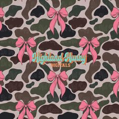 a pink bow on top of a camouflage print wallpaper with the words, highland highlands digital