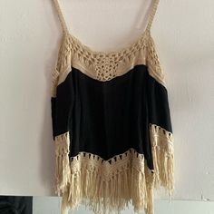 Black And Cream Knit Fringe Shirt. New With The Tags! Black Crochet Casual Tops, Cream Knit Tops For Vacation, Casual Black Crochet Tops, Casual Knit Top With Fringe, Summer Knit Tops With Fringe, Black Cotton Crochet Top, Summer Knit Top With Fringe, Black Knit Top For Beach, Casual Black Knit Top For Beach