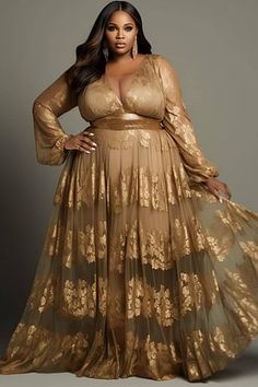 Xpluswear Design Plus Size Formal Gold V Neck Puff Sleeve Long Sleeve See Through Lace Maxi Dresses [Pre-Order] - Xpluswear Lace Maxi Dresses, Cowgirl Photoshoot, Winter Tips, Dresses Occasion, Award Ceremony, Plus Size Formal, Evening Dresses Plus Size, Plus Size Models, Beautiful Clothes