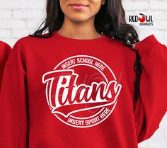 Personalized Titans School Spirit T-Shirt Crewneck, Hoodie Hooded Sweatshirt Football, Baseball, Basketball, Softball, Track, Volleyball, Cross Country, Cheer, Wrestling Not all colors are available in all sizes and styles.  Please check the color and size charts in photos. We do our best to accurately represent shirt colors by using actual photos but do understand that all monitors will display differently. Please contact us prior to purchase with any questions on sizing or colors. Your purchas Team Spirit Hoodie For College, College Team Name Hoodie Tops, College Team Spirit Hoodie Top, College Team Name Hoodie, Red College Hoodie With School Spirit Style, Streetwear Hoodie Tops With Team Name, Red Letter Print Hoodie Top, College Hoodie With Letter Print, Sporty Crew Neck School Hoodie