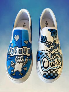 YOU select the inspiration, the artist brings it to life! These are for custom, one-of-a-kind, hand painted shoes! Perfect for special occasions or as a unique gift! Artwork is only on top panels- other sides are painted in coordinating colors. Shoes are brand new, canvas, slip-on sneakers. Select brand (Generic or Vans Classic Slip On) in checkout. Artistic Hand Painted Slip-on Sneakers, Custom Hand Painted Blue Sneakers, Custom Blue Hand Painted Sneakers, Artistic Blue Custom Sneakers With Waterproof Paint, Artistic Custom Blue Sneakers For Streetwear, Artistic Blue Custom Sneakers For Streetwear, Artistic Blue Sneakers With Custom Artwork, Artistic Hand Painted Sneakers With White Sole, Custom Hand-painted Sneakers With White Sole