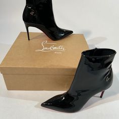 Brand New, Never Worn Authentic Christian Louboutin Sporty Kate Ankle Boots In A Black Patent Leather Finish. In Perfect Condition, Only Ever Tried On On Carpet. Super Sexy And Sleek With An 85mm Heel Height You Could Wear For Hours. Size 36. Luxury Ankle Boots With 4-inch Heel, Luxury Patent Leather Heeled Boots For Evening, Luxury Ankle-high Boots With 4-inch Heel, Luxury High Heel Patent Leather Boots, Luxury Patent Leather High Heeled Boots, Luxury Evening Ankle Strap Boots, Formal High Ankle Boots With Red Sole, Chic Heeled Boots With Red Sole, Designer High Heel Boots For Formal Occasions