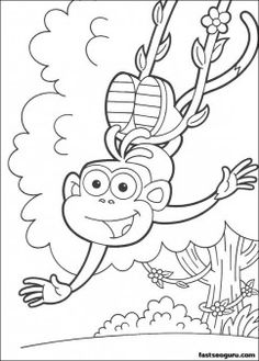 a monkey swinging on a tree branch in the forest coloring page for kids, with black and white lines