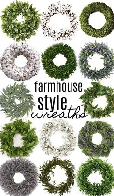 a bunch of wreaths with the words farmhouse style creations written in black and white