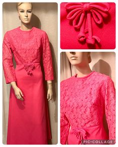 Amazing 1960's Vintage HOT PINK POLYESTER Dress with Empire Waist, Bow and Lace Bodice Union Label Zips Up the Back Fun for Halloween  Measurements: shoulders 14" sleeves 25" chest 40" waste 30" hips 50" bodice 15.5" waist to hem 35" total length shoulder to hem 51" Please take a moment to look at the other cool eclectic vintage items I have here in my Etsy shop. Follow Chez Gigi Studios for new daily listings! Thanks! Celeste @ Chez Gigi Studios https://linktr.ee/chezgigistudios Halloween Measurement, Fitted 1970s Dress With Empire Waist, 1970s Fitted Dress With Empire Waist, Retro Pink Dress With Button Closure, 1970s Empire Waist Fitted Dress, 1970s Pink Long Sleeve Dress, Vintage Eclectic, Polyester Dress, Lace Bodice