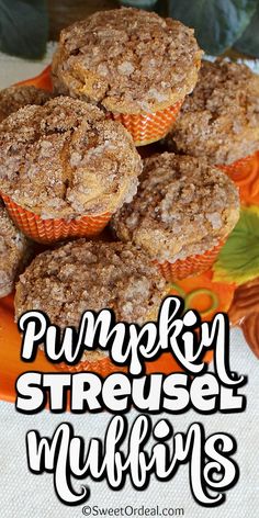 pumpkin streusel muffins on an orange plate