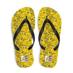 Prepare for an adventurous and carefree summer with a pair of colorful slippers that are created just for you! The rubber sole is lined with a soft fabric to make sure you feel comfortable wherever your day takes you. Longhorn Cowfish Flip Flops, Flip-Flops, cowfish gift, aquarist gift * Rubber sole * Customizable 100% polyester fabric lining * Black Y-shaped rubber straps * Toe post style This product is made especially for you as soon as you place an order, which is why it takes us a bit longer to deliver it to you. Making products on demand instead of in bulk helps reduce overproduction, so thank you for making thoughtful purchasing decisions! Yellow Rubber Sole Slides For Summer, Yellow Slides With Rubber Sole For Summer, Yellow Summer Slides With Rubber Sole, Yellow Beach Slides With Rubber Sole, Fun Non-slip Flip Flops For Swimming, Fun Slip-on Flip Flops For The Beach, Fun Slip-on Beach Sandals, Fun Slip-on Sandals For Beach, Playful Flat Flip Flops For Vacation