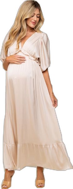 Beige Striped Ruffle Accent Maternity Maxi Dress