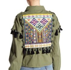 Nwt Beautiful Embellished Cargo / Army Green Jacket With Fringe Tassels. Size Small 19" Armpit To Armpit 21" Length 20" Sleeve Length Button Closure With Drawstring Option Towards The Hem. Dark Olive / Army Green Offers Welcome! Pet/Smoke Free Home! #H Fall Bohemian Beaded Outerwear, Bohemian Beaded Outerwear For Fall, Bohemian Beaded Fall Outerwear, Fall Bohemian Embellished Outerwear, Bohemian Embellished Outerwear For Fall, Casual Long Sleeve Beaded Outerwear, Army Green Jacket, Cargo Jacket, Tassel Fringe