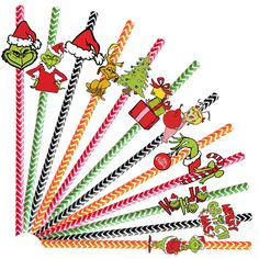 the grino christmas straws are lined up in different colors and designs, with santa's hats on them