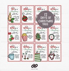 twelve days of christmas tags with the text 12 days of christmas tags in red and green