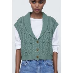 Blue Zara Jewel Button Down Cable Knit Sleeveless Cardigan Sweater Vest -Shawl Collar -Rhinestone Button -Pom Pom Knit Detailing Knitted Waistcoat, Knitted Vests, Square Cardigan, Sweaters Winter, Sweaters Blue, Soft Knit Cardigan, Cable Knit Vest, Crochet Cardigan Sweater, Knit Vest Pattern