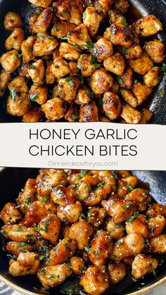 honey garlic chicken bites in a skillet