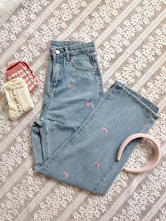 Lover Heart Embroidered Jeans (Light Denim) High Rise Denim Jeans, Pink Hearts, Embroidered Jeans, Jeans Light