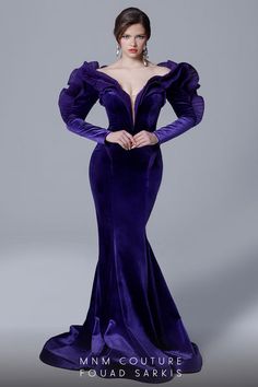 Fouad Sarkis Couture, Purple Velvet Gown, Velvet Mermaid Dress, Fouad Sarkis, Couture 2023, Off Shoulder Evening Gown, Ruffled Gown, Mnm Couture, Soft Dramatic