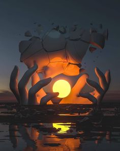 the sun is setting behind an abstract sculpture