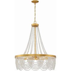 a chandelier with pearls hanging from the ceiling