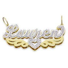 *Personalized 14K Solid Gold Name Pendant 3D Double Plates Charm, fancy script unique font design, capitalized first letter and iced out in white tone Rhodium hand carved diamond accent and two wings finished in high-polished. *Average Name Pendant Dimension: 1 3/4 Inch (45 mm) X 3/4 Inch (19 mm) Approx. *Up to 9 Letters - Only first letter capitalized. *Thickness Top: 0.7 mm / 22 Gauge / 0.028" Approx. *Thickness Bottom: 0.40 mm / 26 Gauges / 0.018" Approx.  *This solid gold 3D name pendant cut Anniversary 14k Gold White Name Necklace, White 14k Gold Nameplate Necklace, 14k Gold White Name Necklace For Anniversary, White 14k Gold Name Necklace For Anniversary, Personalized 14k Gold White Name Necklace, Personalized White 14k Gold Name Necklace, 14k Gold Name Necklace In White, White 14k Gold Name Necklace, White Nameplate Jewelry For Valentine's Day